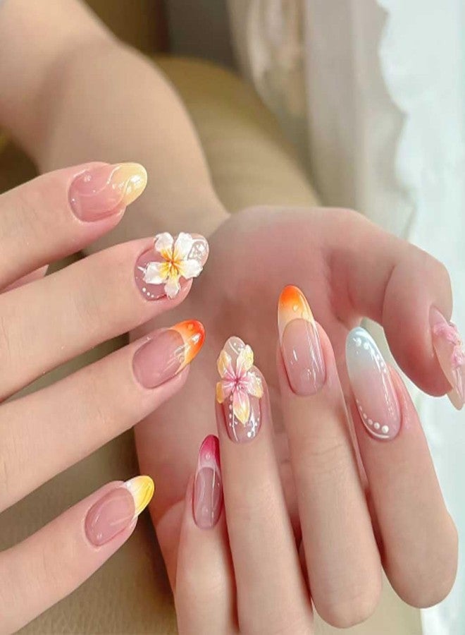 Foccna Press on Nails French Medium, Coloful Fake Nails Almond Acrylic False Nails 3D Flower Design,Artificial Glue on Nails for Women 24pcs - Image 1